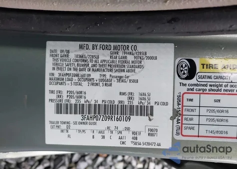 2009 Ford Fusion Se из США, поврежденный, VIN 3FAHP07Z09R160109